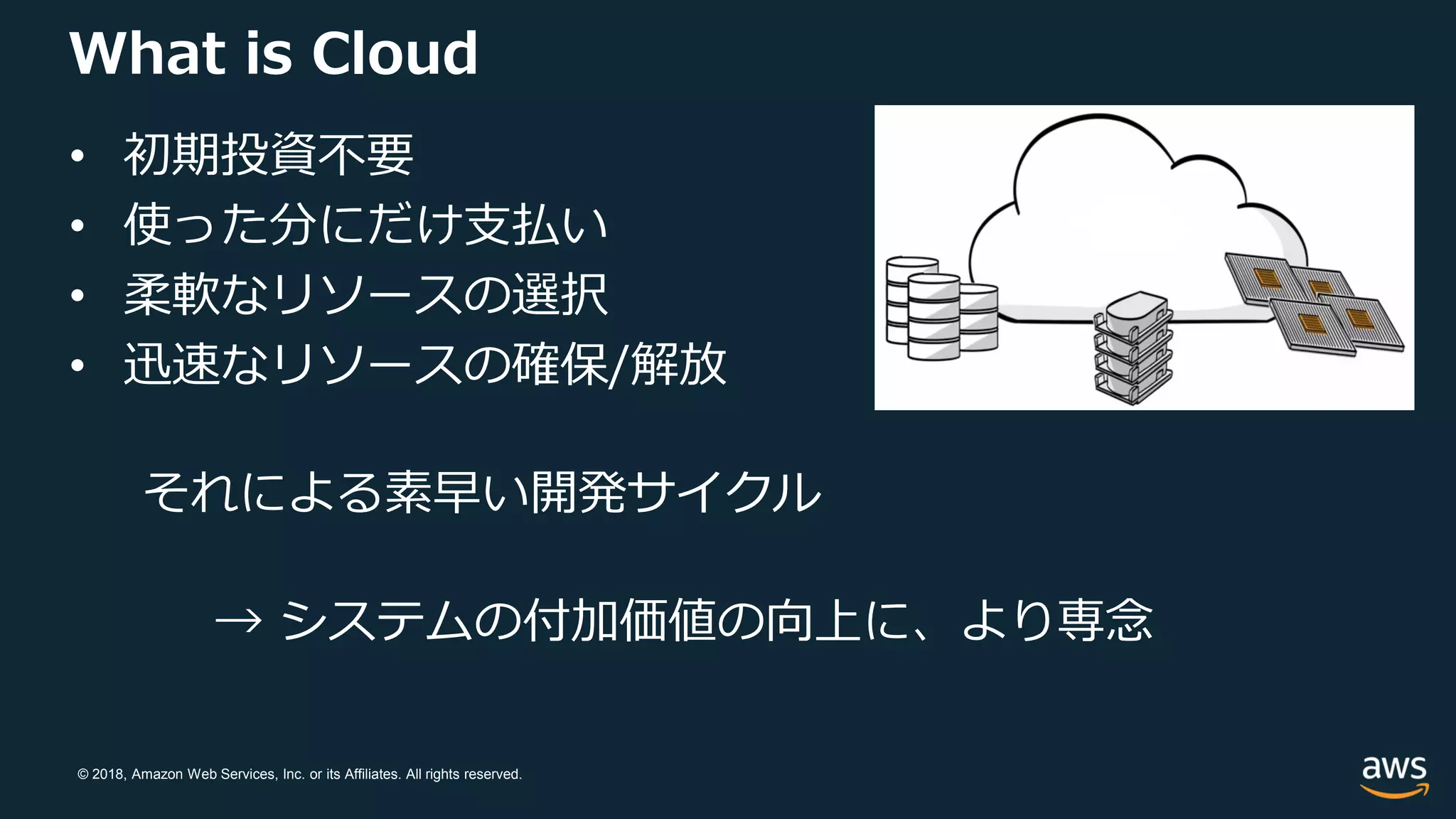 © 2018, Amazon Web Services, Inc. or its Affiliates. All rights reserved.
What is Cloud
• 初期投資不要
• 使った分にだけ支払い
• 柔軟なリソースの選択
• 迅速なリソースの確保/解放
それによる素早い開発サイクル
→ システムの付加価値の向上に、より専念
 