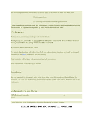 The audience participates in three ways: (i) taking notes to be handed in at the end of the class.
(ii) asking questions
(iii) assessing debate and contenders’ performance
Questions should be questions, not statements. If time permits members of the audience
are allowed to express their points of view, after the question time.
Performance
A chairperson, a secretary/timekeeper will run the debate.
Each group has 5 minutes to present their side of the argument. Role and time division
takes place within the group and it must be balanced.
A 10-minute period of debate will follow.
A 5-minute Question time will follow. Everybody can ask questions. Questions previously written and
handed in to the chair (moderator) will have priority.
Final 5 minutes will be taken with assessment and self-assessment.
Total time allotted for debate: 25-30 minutes
Room layout
The two teams will sit facing each other at the front of the room. The speakers will stand facing the
audience. The Chair and the Secretary/Timekeeper will sit at a table to the side of the room, next to the
contenders.
Judging criteria and Marks
(i) Substance/contents 40
points
Clarity, structure focus, development, exposition, knowledge of subject, balance.
DEBATE TOPICS FOR SOC 2010 SOCIAL PROBLEMS
 