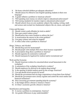 8. Do home schooled children get adequate educations?
9. Should classes be offered to non-English speaking students in their own
language?
10. Is grade inflation a problem in American schools?
11. Will spending more money on schools improve educational achievement?
12. Will raising standards for teachers improve educational achievement?
13. Should schools focus on core academic subjects like reading, writing, math
and science and exclude less fundamental subjects like art, music, and sports?
Crime and Deviance
22. Should violent youth offenders be tried as adults?
23. Does gun control reduce crime?
24. Should police have more freedom to enforce the law?
25. Is incarceration the answer to the crime problem?
26. Can gang violence and crime be stopped?
27. Is white collar crime a problem in America?
Drugs, Tobacco, and Alcohol
28. Should drug users be incarcerated?
29. Should people with multiple DUIs have their licenses suspended?
30. Is prescription drug abuse a problem in America?
31. Should cigarettes be restricted or outlawed?
32. Should marijuana be legalized for medical and/or recreational use?
Work and the Economy
33. Should American workers be concerned about sexual harassment in the
workplace?
34. Is automation of the workplace beneficial to workers?
35. Should employers be allowed to do random drug testing?
36. Is the opening of global markets good for the average American?
37. Can and should social security be saved?
38. Should the government bail out large corporations to keep them from failing?
39. Should the government more closely regulate and control the stock market and
financial institutions?
40. Does increasing government spending help the economy?
41. Is the budget deficit a threat to America’s future?
42. Is China’s economic growth a threat to America?
Stratification and Inequality
43. Is racism a problem in contemporary America?
44. Are gender differences in pay understandable?
 