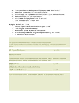 66. Do corporations and other powerful groups control what is on TV?
67. Should the internet be restricted and regulated?
68. Is technology making us more alienated, less sociable, and less human?
69. Should texting while driving be illegal?
70. Is Facebook changing our notions of privacy?
71. Does the media have a liberal bias?
Religion, Beliefs and Values
23. Has the separation of church and state gone too far?
24. Does religion create intolerance?
25. Should hate groups be allowed free speech?
26. Will restoring traditional religions improve morality and values?
27. Is America in moral decline?
The speech should hold the audience’s attention and be clearly structured
A wide range of structure and vocabulary should be used, the language well developed with minimal
errors.
(ii) Style and technique 30 points
Delivery and posture.
Verbal technique: effective use of rhetorical devices (e.g. metaphor, analogy, questions); non-verbal
technique (eye contact, gesture, volume ant tone of voice, pitch and rate).
(iii) Questions 20 points
Ability to deal with questions concisely and effectively.
(iv) General effectiveness 10 points
Ability to communicate thought and emotion and to achieve the overall objectives of the speech.
 