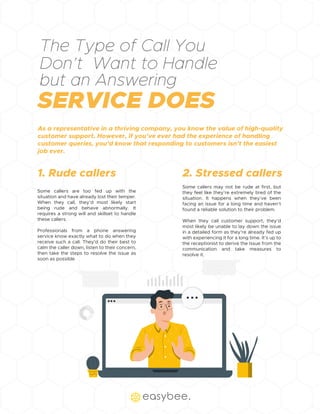 As a representative in a thriving company, you know the value of high-quality
customer support. However, if you’ve ever had the experience of handling
customer queries, you’d know that responding to customers isn’t the easiest
job ever.
Some callers are too fed up with the
situation and have already lost their temper.
When they call, they’d most likely start
being rude and behave abnormally. It
requires a strong will and skillset to handle
these callers.
Professionals from a phone answering
service know exactly what to do when they
receive such a call. They’d do their best to
calm the caller down, listen to their concern,
then take the steps to resolve the issue as
soon as possible
1. Rude callers
Some callers may not be rude at first, but
they feel like they’re extremely tired of the
situation. It happens when they’ve been
facing an issue for a long time and haven’t
found a reliable solution to their problem.
When they call customer support, they’d
most likely be unable to lay down the issue
in a detailed form as they’re already fed up
with experiencing it for a long time. It’s up to
the receptionist to derive the issue from the
communication and take measures to
resolve it.
2. Stressed callers
The Type of Call You
Don’t Want to Handle
but an Answering
SERVICE DOES
 