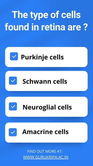 FIND OUT MORE AT:
WWW.GURUKRIPA.AC.IN
The type of cells
found in retina are ?
Purkinje cells
Amacrine cells
Schwann cells
Neuroglial cells
 