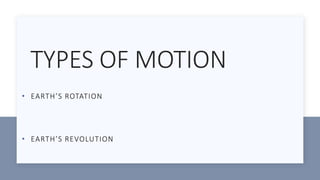 TYPES OF MOTION
• EARTH’S ROTATION
• EARTH’S REVOLUTION
 