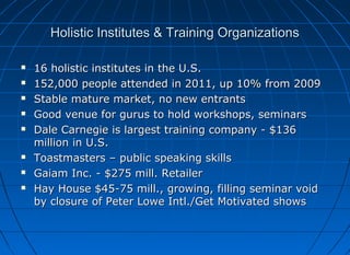 Holistic Institutes & Training Organizations










16 holistic institutes in the U.S.
152,000 people attended in 2011, up 10% from 2009
Stable mature market, no new entrants
Good venue for gurus to hold workshops, seminars
Dale Carnegie is largest training company - $136
million in U.S.
Toastmasters – public speaking skills
Gaiam Inc. - $275 mill. Retailer
Hay House $45-75 mill., growing, filling seminar void
by closure of Peter Lowe Intl./Get Motivated shows

 