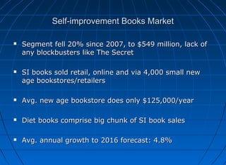 Self-improvement Books Market




Segment fell 20% since 2007, to $549 million, lack of
any blockbusters like The Secret
SI books sold retail, online and via 4,000 small new
age bookstores/retailers



Avg. new age bookstore does only $125,000/year



Diet books comprise big chunk of SI book sales



Avg. annual growth to 2016 forecast: 4.8%

 