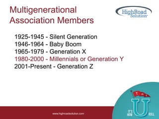 Multigenerational
Association Members
www.highroadsolution.com
1925-1945 - Silent Generation
1946-1964 - Baby Boom
1965-1979 - Generation X
1980-2000 - Millennials or Generation Y
2001-Present - Generation Z
 