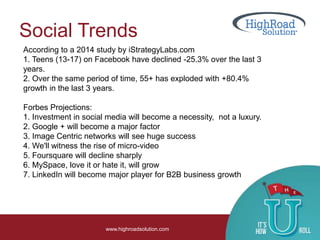 Social Trends
www.highroadsolution.com
According to a 2014 study by iStrategyLabs.com
1. Teens (13-17) on Facebook have declined -25.3% over the last 3
years.
2. Over the same period of time, 55+ has exploded with +80.4%
growth in the last 3 years.
Forbes Projections:
1. Investment in social media will become a necessity, not a luxury.
2. Google + will become a major factor
3. Image Centric networks will see huge success
4. We'll witness the rise of micro-video
5. Foursquare will decline sharply
6. MySpace, love it or hate it, will grow
7. LinkedIn will become major player for B2B business growth
 