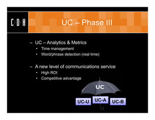 CDH                   UC – Phase III

      – UC – Analytics & Metrics
        • Time management
        • Word/phrase detection (real time)


      – A new level of communications service
        • High ROI
        • Competitive advantage

                                        UC

                              UC-U      UC-A   UC-B
 
