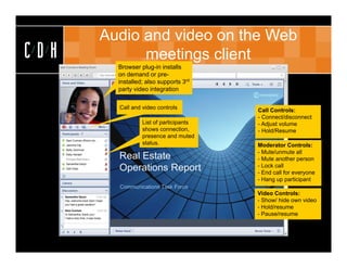 Audio and video on the Web
CDH         meetings client
        Browser plug-in installs
        on demand or pre-
        installed; also supports 3rd
        party video integration

        Call and video controls         Call Controls:
                                        - Connect/disconnect
                 List of participants   - Adjust volume
                 shows connection,      - Hold/Resume
                 presence and muted
                 status.                Moderator Controls:
                                        - Mute/unmute all
                                        - Mute another person
                                        - Lock call
                                        - End call for everyone
                                        - Hang up participant

                                        Video Controls:
                                        - Show/ hide own video
                                        - Hold/resume
                                        - Pause/resume
 