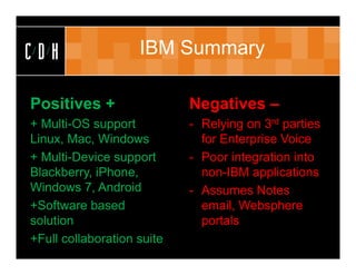 CDH                 IBM Summary

Positives +                 Negatives –
+ Multi-OS support          - Relying on 3rd parties
Linux, Mac, Windows           for Enterprise Voice
+ Multi-Device support      - Poor integration into
Blackberry, iPhone,           non-IBM applications
Windows 7, Android          - Assumes Notes
+Software based               email, Websphere
solution                      portals
+Full collaboration suite
 