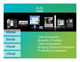 CDH


Mobile
          •   User Experience
Social    •   Breadth of Portfolio
          •   Video Everywhere
Visual    •   Bringing Social to Enterprise
          •   Protecting Investments
Virtual
 