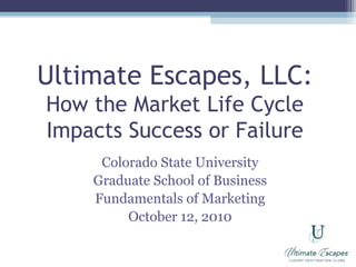Ultimate Escapes, LLC:
How the Market Life Cycle
Impacts Success or Failure
Colorado State University
Graduate School of Business
Fundamentals of Marketing
October 12, 2010
 