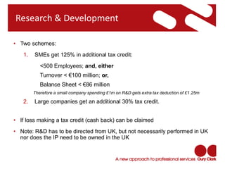Research & Development
• Two schemes:
1. SMEs get 125% in additional tax credit:
<500 Employees; and, either
Turnover < €100 million; or,
Balance Sheet < €86 million
Therefore a small company spending £1m on R&D gets extra tax deduction of £1.25m
2. Large companies get an additional 30% tax credit.
• If loss making a tax credit (cash back) can be claimed
• Note: R&D has to be directed from UK, but not necessarily performed in UK
nor does the IP need to be owned in the UK
 