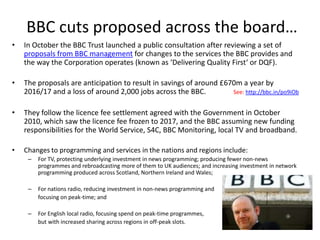 BBC cuts proposed across the board…
•   In October the BBC Trust launched a public consultation after reviewing a set of
    proposals from BBC management for changes to the services the BBC provides and
    the way the Corporation operates (known as ‘Delivering Quality First‘ or DQF).

•   The proposals are anticipation to result in savings of around £670m a year by
    2016/17 and a loss of around 2,000 jobs across the BBC.          See: http://bbc.in/po9iOb


•   They follow the licence fee settlement agreed with the Government in October
    2010, which saw the licence fee frozen to 2017, and the BBC assuming new funding
    responsibilities for the World Service, S4C, BBC Monitoring, local TV and broadband.

•   Changes to programming and services in the nations and regions include:
     –   For TV, protecting underlying investment in news programming; producing fewer non-news
         programmes and rebroadcasting more of them to UK audiences; and increasing investment in network
         programming produced across Scotland, Northern Ireland and Wales;

     –   For nations radio, reducing investment in non-news programming and
         focusing on peak-time; and

     –   For English local radio, focusing spend on peak-time programmes,
         but with increased sharing across regions in off-peak slots.
 
