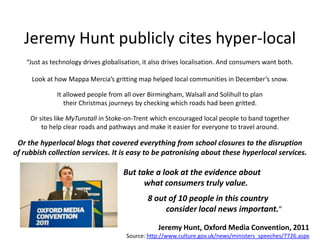 Jeremy Hunt publicly cites hyper-local
    “Just as technology drives globalisation, it also drives localisation. And consumers want both.

     Look at how Mappa Mercia’s gritting map helped local communities in December’s snow.

              It allowed people from all over Birmingham, Walsall and Solihull to plan
                 their Christmas journeys by checking which roads had been gritted.

     Or sites like MyTunstall in Stoke-on-Trent which encouraged local people to band together
         to help clear roads and pathways and make it easier for everyone to travel around.

 Or the hyperlocal blogs that covered everything from school closures to the disruption
of rubbish collection services. It is easy to be patronising about these hyperlocal services.

                                      But take a look at the evidence about
                                            what consumers truly value.
                                               8 out of 10 people in this country
                                                    consider local news important.”

                                                  Jeremy Hunt, Oxford Media Convention, 2011
                                       Source: http://www.culture.gov.uk/news/ministers_speeches/7726.aspx
 