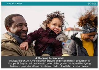 A Changing Demographic
By 2030, the UK will have the fastest growing and second largest population in
Europe: SE England will be the main centre of this growth. Society will be ageing
faster and proportionally we have fewer children. It will also be more diverse.
 