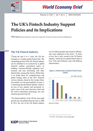 Electronic copy available at: https://ssrn.com/abstract=2919191
The UK’s Fintech Industry Support
Policies and its Implications
YANG Hyoeun Senior Researcher, Europe Team, Department of Europe, Americas and Eurasia (yhe@kiep.go.kr)
The UK Fintech Industry
During the past 4 to 5 years, the UK has
emerged as a leading global fintech hub. The
outstanding growth of the UK fintech industry
can be attributed to its connectivity to global
financial markets, government policy on
building a business-friendly regulatory envi-
ronment, and easy networking with other
fintech hubs, among other factors. While there
is no doubt about the competitiveness and
global leading status of the UK’s financial
services industry, based on the London finan-
cial market over the past hundreds of years, it
is interesting that the fintech industry, which is
an icon of new industry and necessarily re-
quires some of the most innovative ideas and
the newest information technology, has seen
immense growth in the UK.
The fintech industry in the UK has seen rapid
growth since the global financial crisis in 2008.
In 2015, the size of the UK fintech industry
was 6.6 billion pounds and around 61,000 per-
sons were employed in this sector.1
In terms
of size, this is only second to the US fintech
industry, which has two global fintech hubs in
New York and California, each with different
characteristics.
Figure 1. Market Size of Global Fintech Hubs
(2015)
(Unit: billion pounds)
Source: EY (2016).
1
EY. 2016. “UK Fintech: on the cutting edge.”
February 17, 2017 Vol. 7, No. 5 ISSN 2233-9140
 