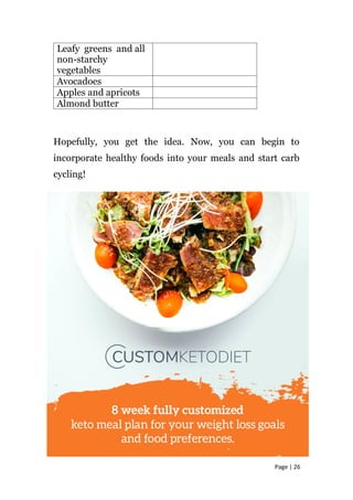 Leafy greens and all
non-starchy
vegetables
Avocadoes
Apples and apricots
Almond butter
Hopefully, you get the idea. Now, you can begin to
incorporate healthy foods into your meals and start carb
cycling!
Page | 26
 