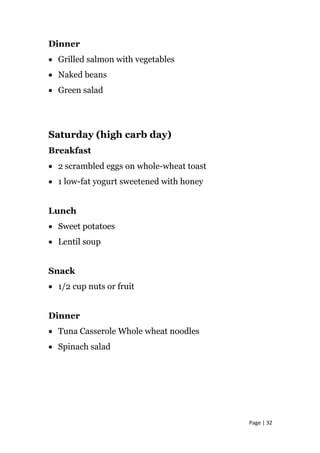 Dinner
• Grilled salmon with vegetables
• Naked beans
• Green salad
Saturday (high carb day)
Breakfast
• 2 scrambled eggs on whole-wheat toast
• 1 low-fat yogurt sweetened with honey
Lunch
• Sweet potatoes
• Lentil soup
Snack
• 1/2 cup nuts or fruit
Dinner
• Tuna Casserole Whole wheat noodles
• Spinach salad
Page | 32
 