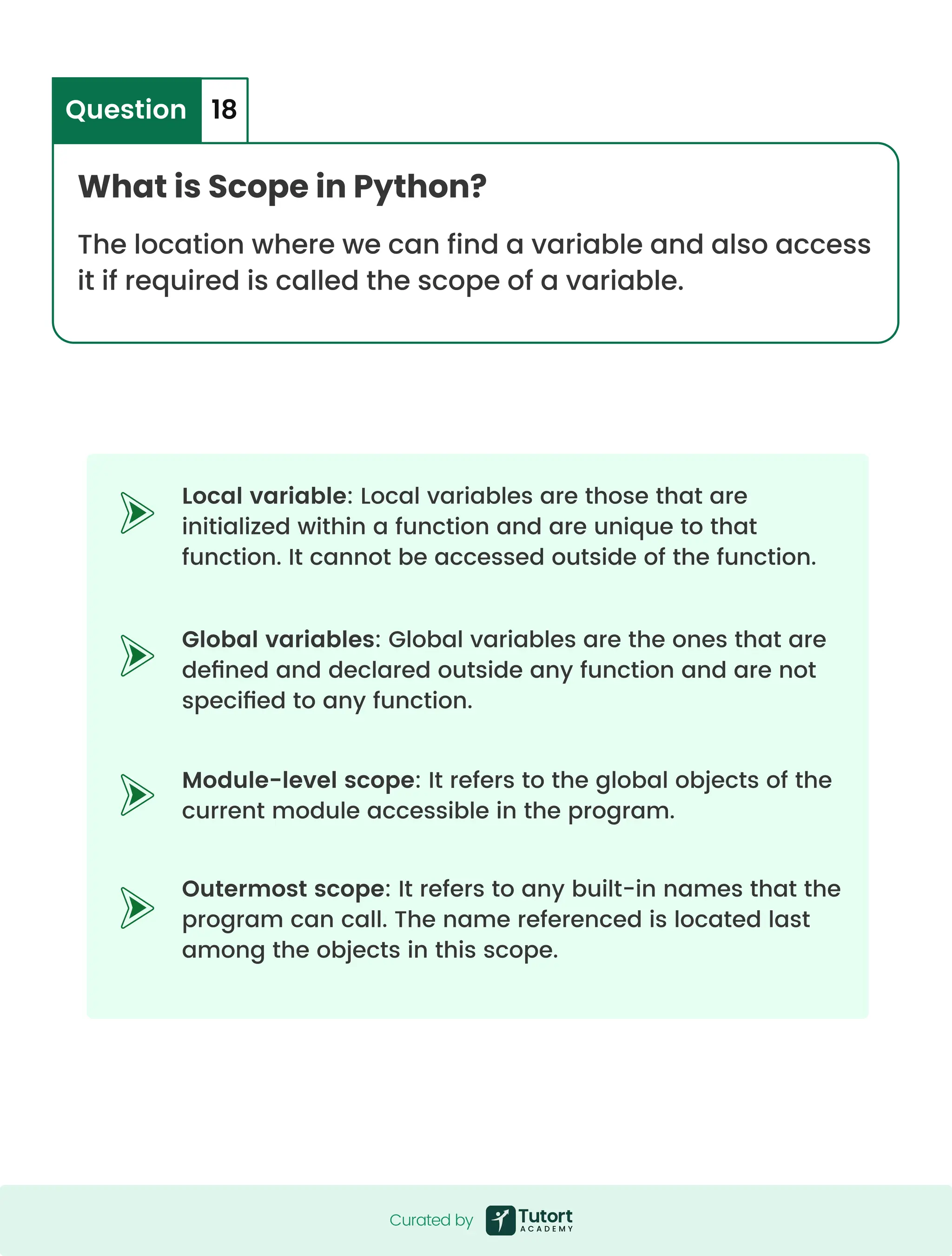 Global variables: Global variables are the ones that are defined and declared outside any function and are not specified to any function. Module-level scope: It refers to the global objects of the current module accessible in the program. Outermost scope: It refers to any built-in names that the program can call. The name referenced is located last among the objects in this scope. Local variable: Local variables are those that are initialized within a function and are unique to that function. It cannot be accessed outside of the function. What is Scope in Python? The location where we can find a variable and also access it if required is called the scope of a variable. Question 18 Curated by Curated by 