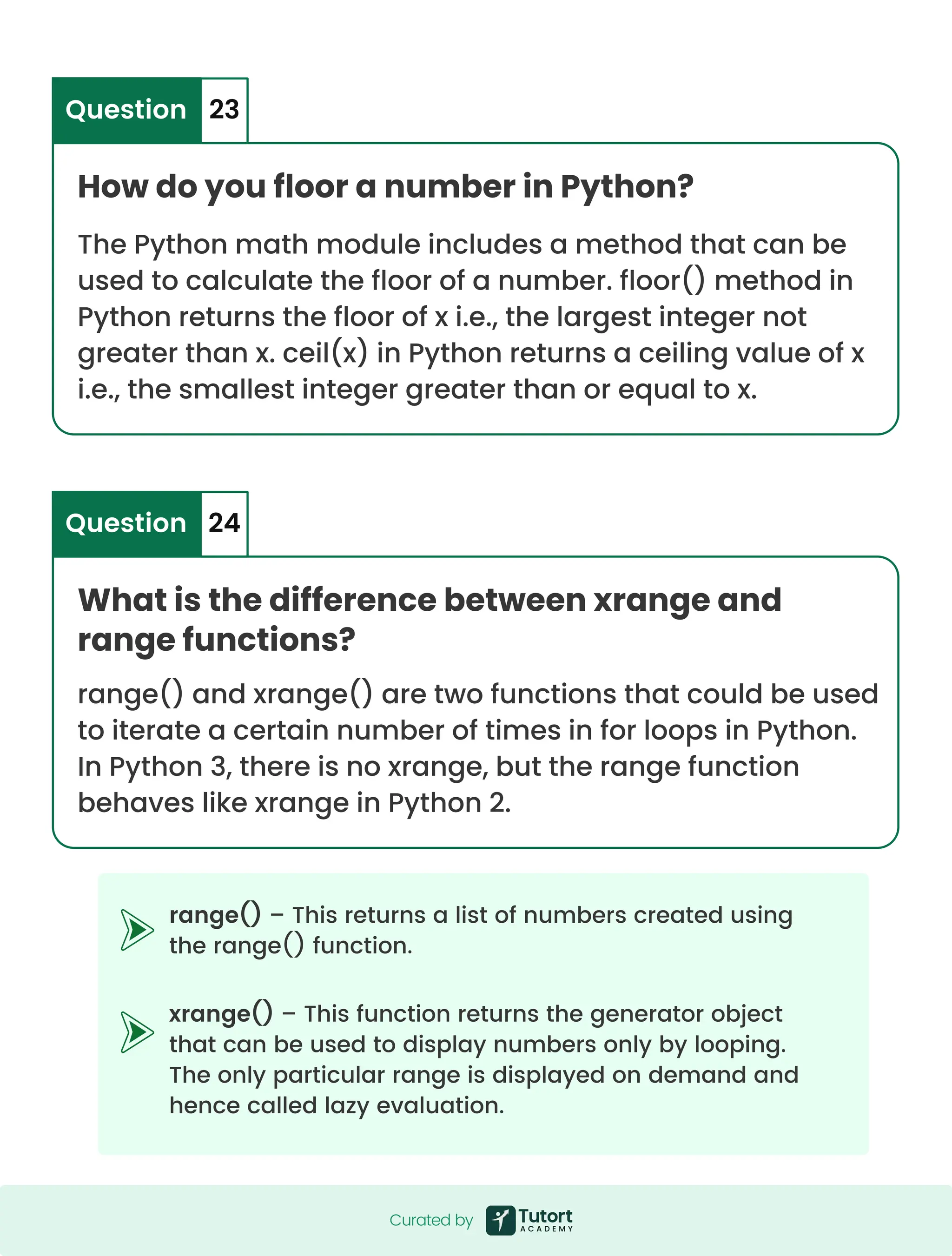 range() – This returns a list of numbers created using the range() function. xrange() – This function returns the generator object that can be used to display numbers only by looping. The only particular range is displayed on demand and hence called lazy evaluation. How do you floor a number in Python? What is the difference between xrange and range functions? The Python math module includes a method that can be used to calculate the floor of a number. floor() method in Python returns the floor of x i.e., the largest integer not greater than x. ceil(x) in Python returns a ceiling value of x i.e., the smallest integer greater than or equal to x. range() and xrange() are two functions that could be used to iterate a certain number of times in for loops in Python. In Python 3, there is no xrange, but the range function behaves like xrange in Python 2. Question Question 23 24 Curated by Curated by 