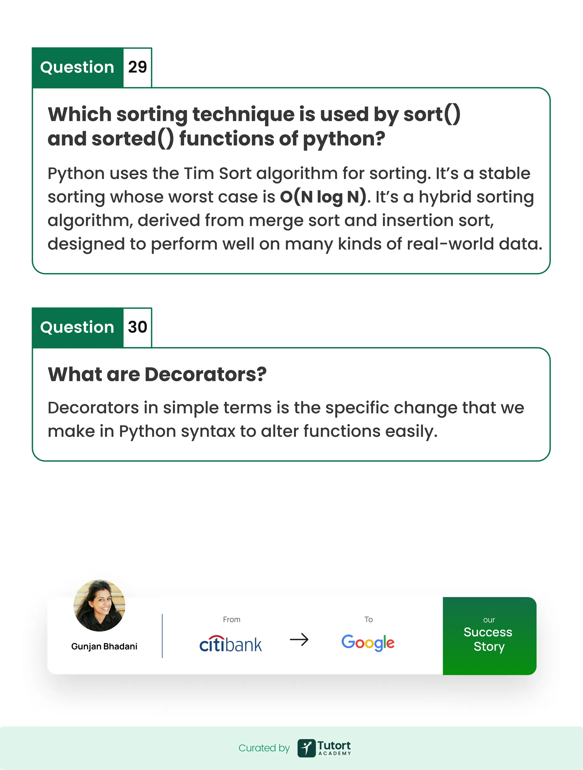 Which sorting technique is used by sort() and sorted() functions of python? What are Decorators? Python uses the Tim Sort algorithm for sorting. It’s a stable sorting whose worst case is O(N log N). It’s a hybrid sorting algorithm, derived from merge sort and insertion sort, designed to perform well on many kinds of real-world data. Decorators in simple terms is the specific change that we make in Python syntax to alter functions easily. Question Question 29 30 Curated by Curated by our Success Story GunjanBhadani From To our Success Story GunjanBhadani From To 