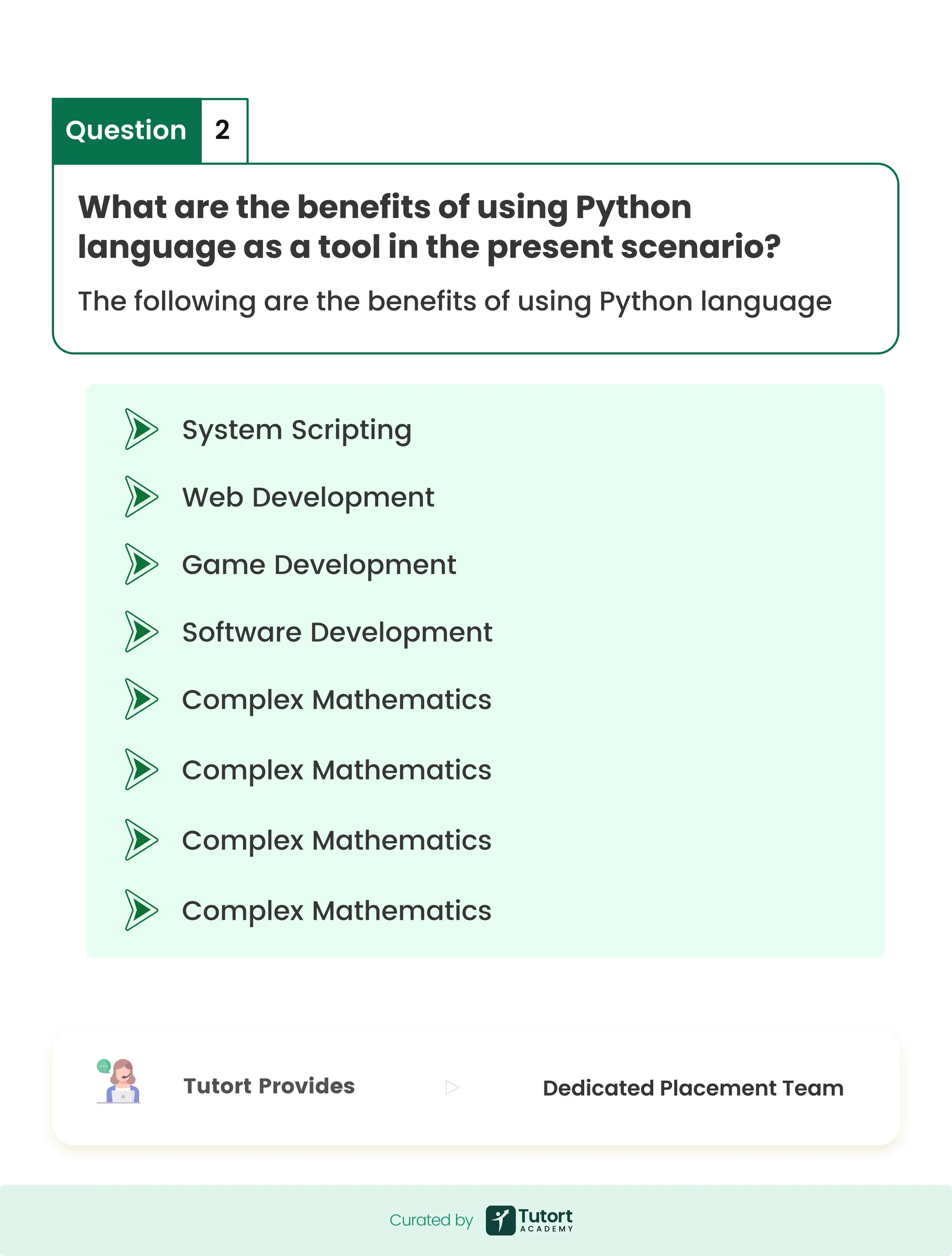 System Scripting Web Development Game Development Software Development Complex Mathematics Complex Mathematics Complex Mathematics Complex Mathematics What are the benefits of using Python language as a tool in the present scenario? The following are the benefits of using Python language Question 2 Curated by Curated by Tutort Provides Dedicated Placement Team 