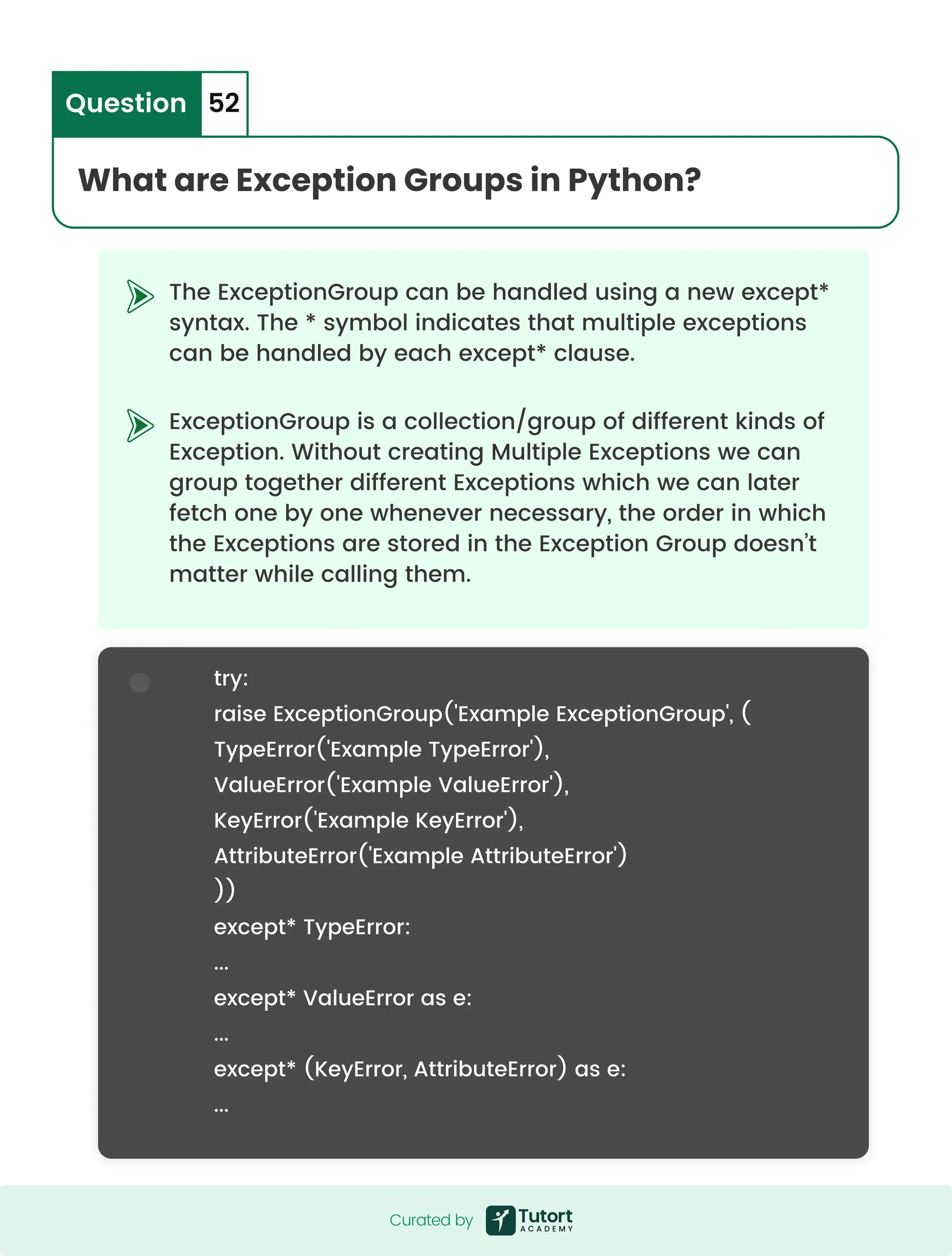 TheExceptionGroupcanbehandledusinganewexcept* syntax.The*symbolindicatesthatmultipleexceptions canbehandledbyeachexcept*clause. ExceptionGroupisacollection/groupofdifferentkindsof Exception.WithoutcreatingMultipleExceptionswecan grouptogetherdifferentExceptionswhichwecanlater fetchonebyonewhenevernecessary,theorderinwhich theExceptionsarestoredintheExceptionGroupdoesn’t matterwhilecallingthem. try: raiseExceptionGroup('ExampleExceptionGroup',( TypeError('ExampleTypeError'), ValueError('ExampleValueError'), KeyError('ExampleKeyError'), AttributeError('ExampleAttributeError') )) except*TypeError: ... except*ValueErrorase: ... except*(KeyError,AttributeError)ase: ... WhatareExceptionGroupsinPython? Question 52 Curatedby Curatedby 