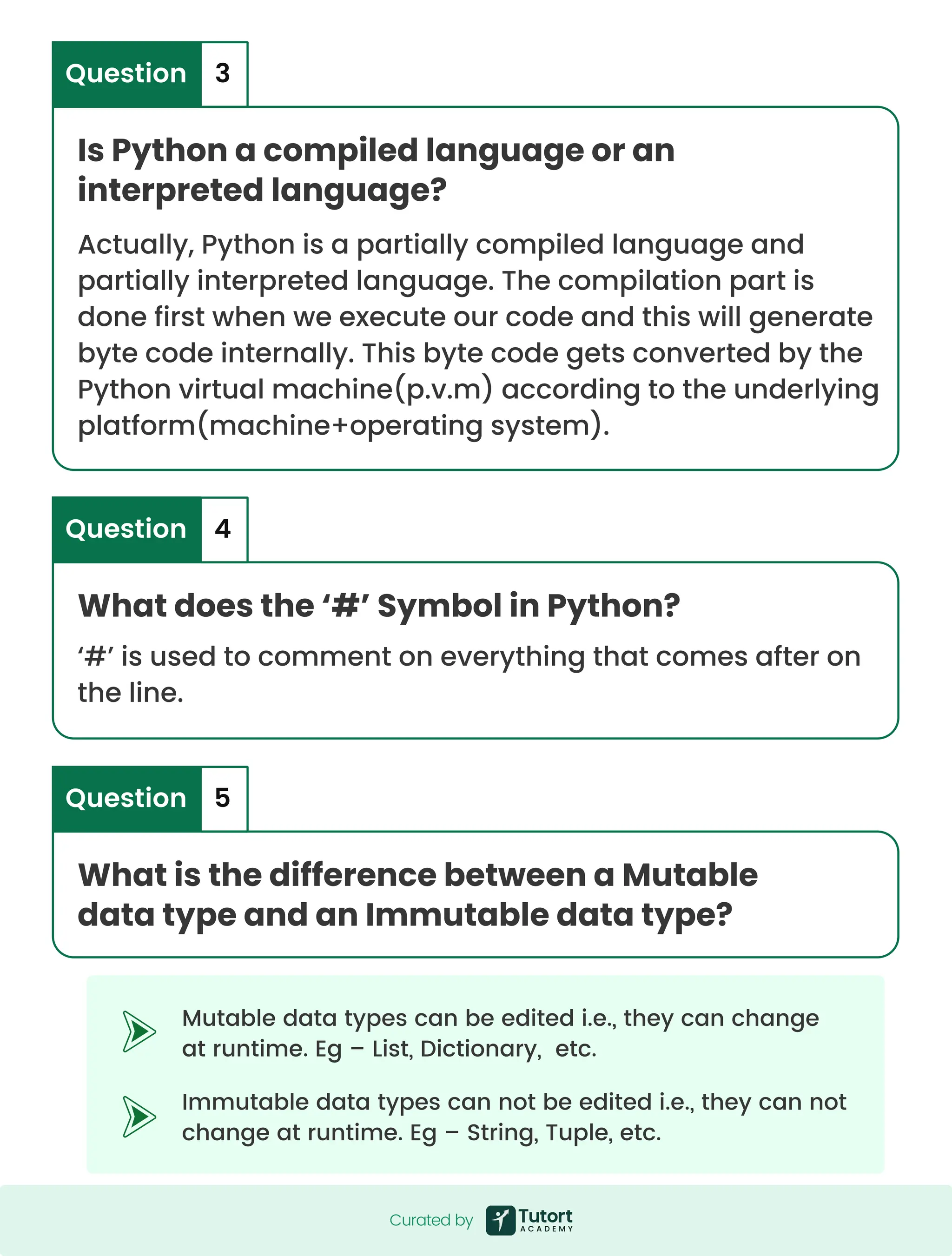 Mutable data types can be edited i.e., they can change at runtime. Eg – List, Dictionary, etc. Immutable data types can not be edited i.e., they can not change at runtime. Eg – String, Tuple, etc. Is Python a compiled language or an interpreted language? What does the ‘#’ Symbol in Python? What is the difference between a Mutable data type and an Immutable data type? Actually, Python is a partially compiled language and partially interpreted language. The compilation part is done first when we execute our code and this will generate byte code internally. This byte code gets converted by the Python virtual machine(p.v.m) according to the underlying platform(machine+operating system). ‘#’ is used to comment on everything that comes after on the line. Question Question Question 3 4 5 Curated by Curated by 