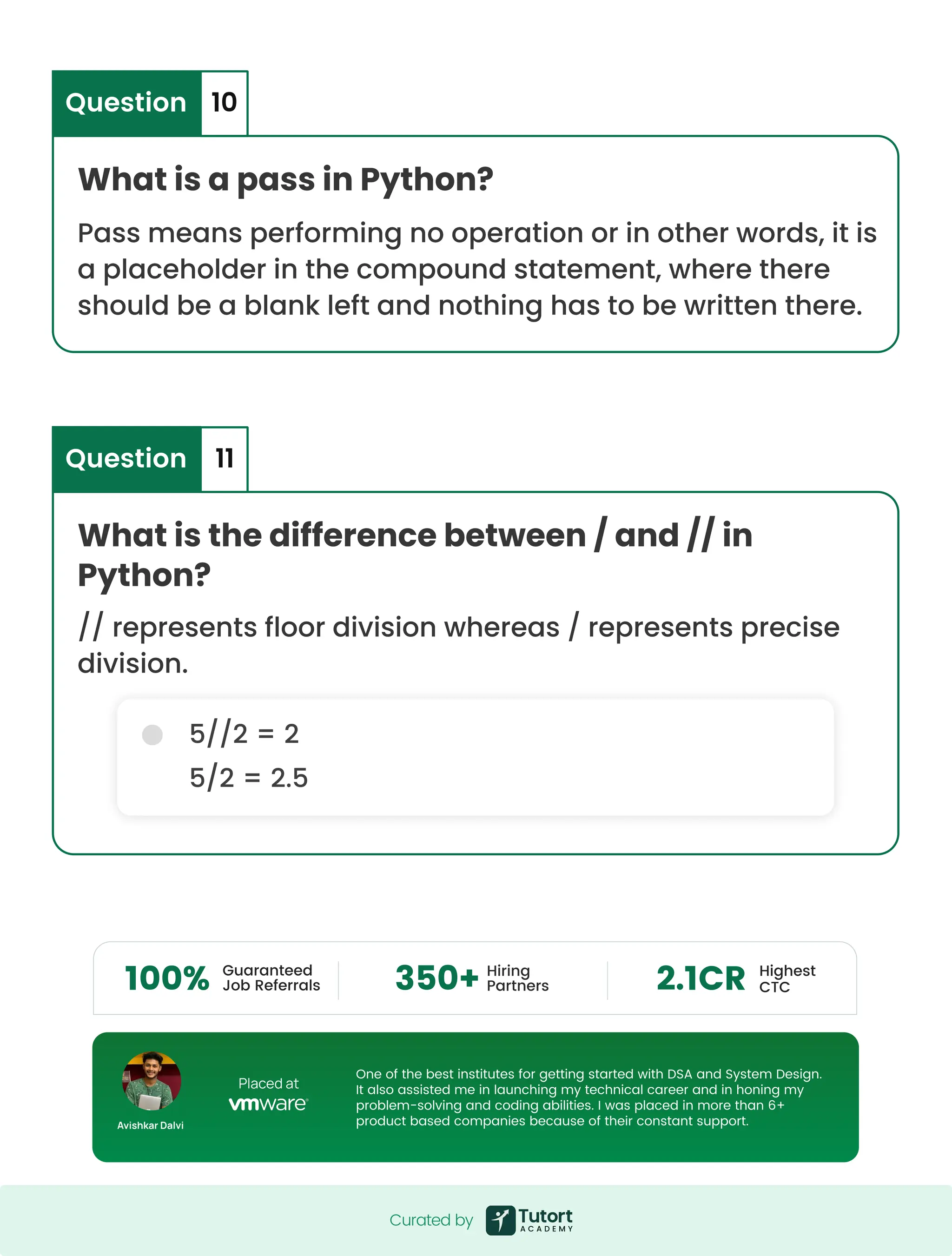What is the difference between / and // in Python? // represents floor division whereas / represents precise division. 5//2 = 2 5/2 = 2.5 Placed at Guaranteed Job Referrals Highest CTC 100% Hiring Partners 350+ 2.1CR One of the best institutes for getting started with DSA and System Design. It also assisted me in launching my technical career and in honing my problem-solving and coding abilities. I was placed in more than 6+ product based companies because of their constant support. Avishkar Dalvi Question 11 What is a pass in Python? Pass means performing no operation or in other words, it is a placeholder in the compound statement, where there should be a blank left and nothing has to be written there. Question 10 Curated by Curated by 