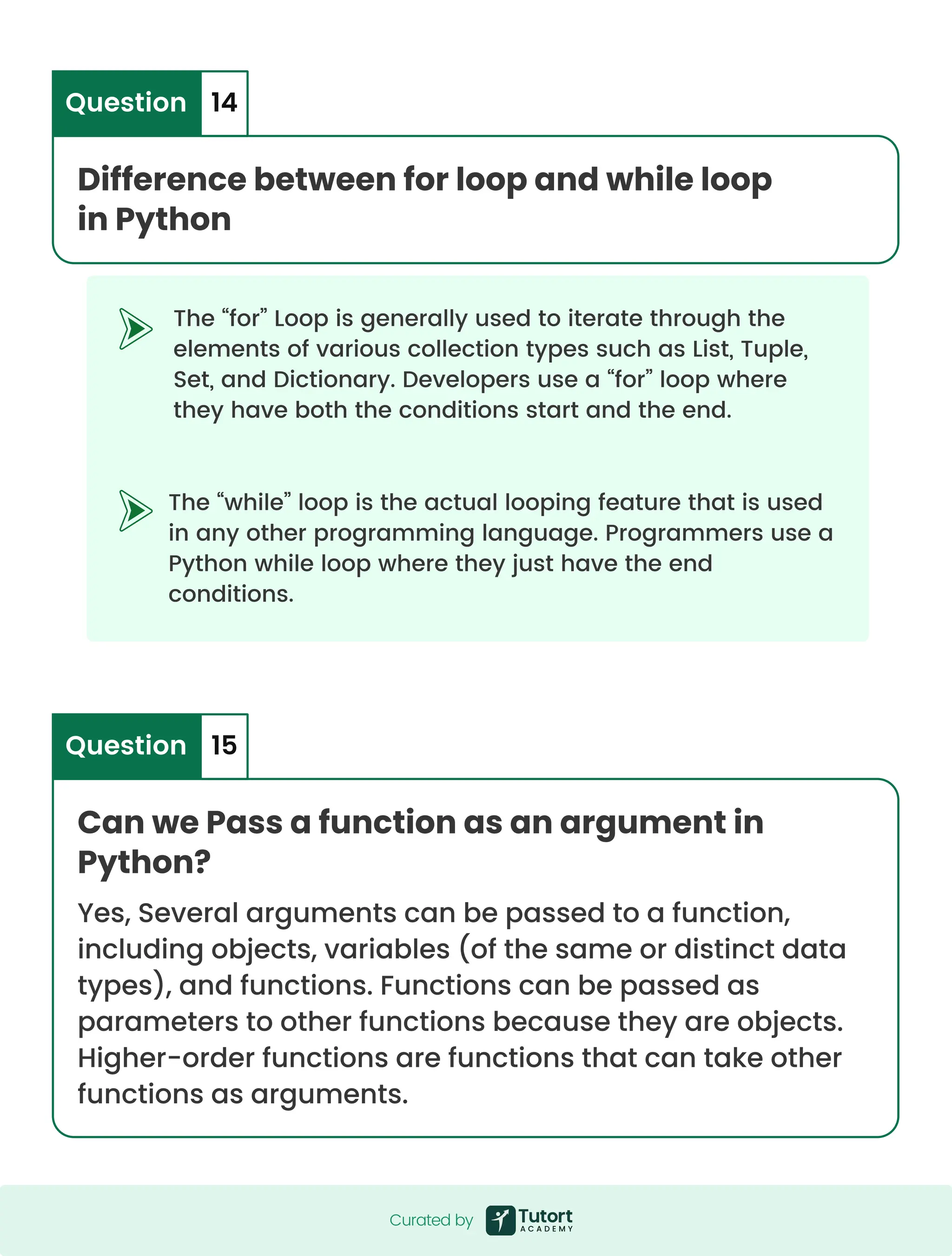The “while” loop is the actual looping feature that is used in any other programming language. Programmers use a Python while loop where they just have the end conditions. The “for” Loop is generally used to iterate through the elements of various collection types such as List, Tuple, Set, and Dictionary. Developers use a “for” loop where they have both the conditions start and the end. Difference between for loop and while loop in Python Question 14 Can we Pass a function as an argument in Python? Yes, Several arguments can be passed to a function, including objects, variables (of the same or distinct data types), and functions. Functions can be passed as parameters to other functions because they are objects. Higher-order functions are functions that can take other functions as arguments. Question 15 Curated by Curated by 