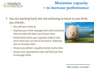 Maximise capacity  – to increase performance You are working hard, but not achieving as much as you think you should… You will learn how to Improve your time management skills and learn  how to make the best use of your time. Understand what your capacity really is and  learn what you can do to increase it. Allowing  you to increase sales. Ensure you deliver a quality service every time. Assess your operational risks and find out how  to manage them. 