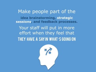 Make people part of the
idea brainstorming, strategic
sessions, and feedback processes.
they have a SAYin what’s going on
...