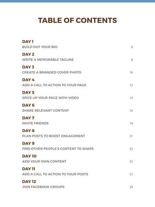 DAY 1
BUILD OUT YOUR BIO	 6
DAY 2
WRITE A MEMORABLE TAGLINE	 8
DAY 3
CREATE A BRANDED COVER PHOTO	 10
DAY 4
ADD A CALL TO ACTION TO YOUR PAGE	 12
DAY 5
SPICE UP YOUR PAGE WITH VIDEO	 14
DAY 6
SHARE RELEVANT CONTENT	 16
DAY 7
INVITE FRIENDS	 19
DAY 8
PLAN POSTS TO BOOST ENGAGEMENT	 21
DAY 9
FIND OTHER PEOPLE’S CONTENT TO SHARE	 23
DAY 10
ADD YOUR OWN CONTENT 	 25
DAY 11
ADD A CALL TO ACTION TO YOUR POSTS 	 27
DAY 12
JOIN FACEBOOK GROUPS 	 29
TABLE OF CONTENTS
 