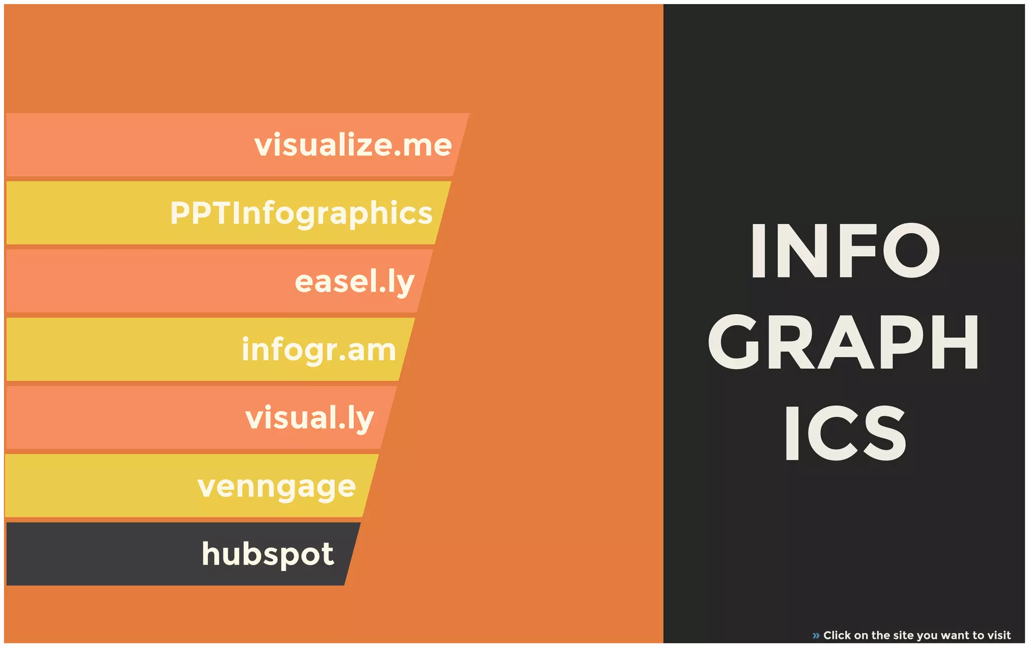 INFO
GRAPH
ICS
visualize.me
PPTInfographics
easel.ly
infogr.am
visual.ly
venngage
hubspot
» Click on the site you want to visit