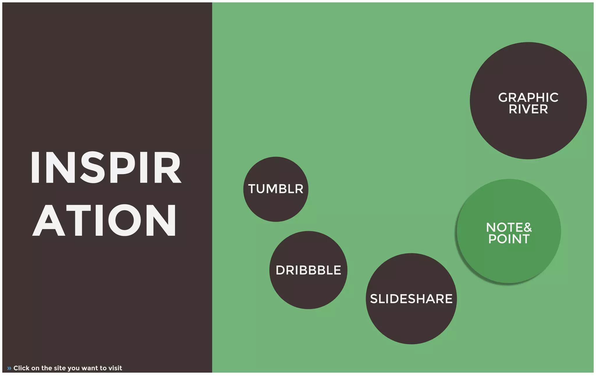 INSPIR
ATION
» Click on the site you want to visit
TUMBLR
DRIBBBLE
SLIDESHARE
NOTE&
POINT
GRAPHIC
RIVER