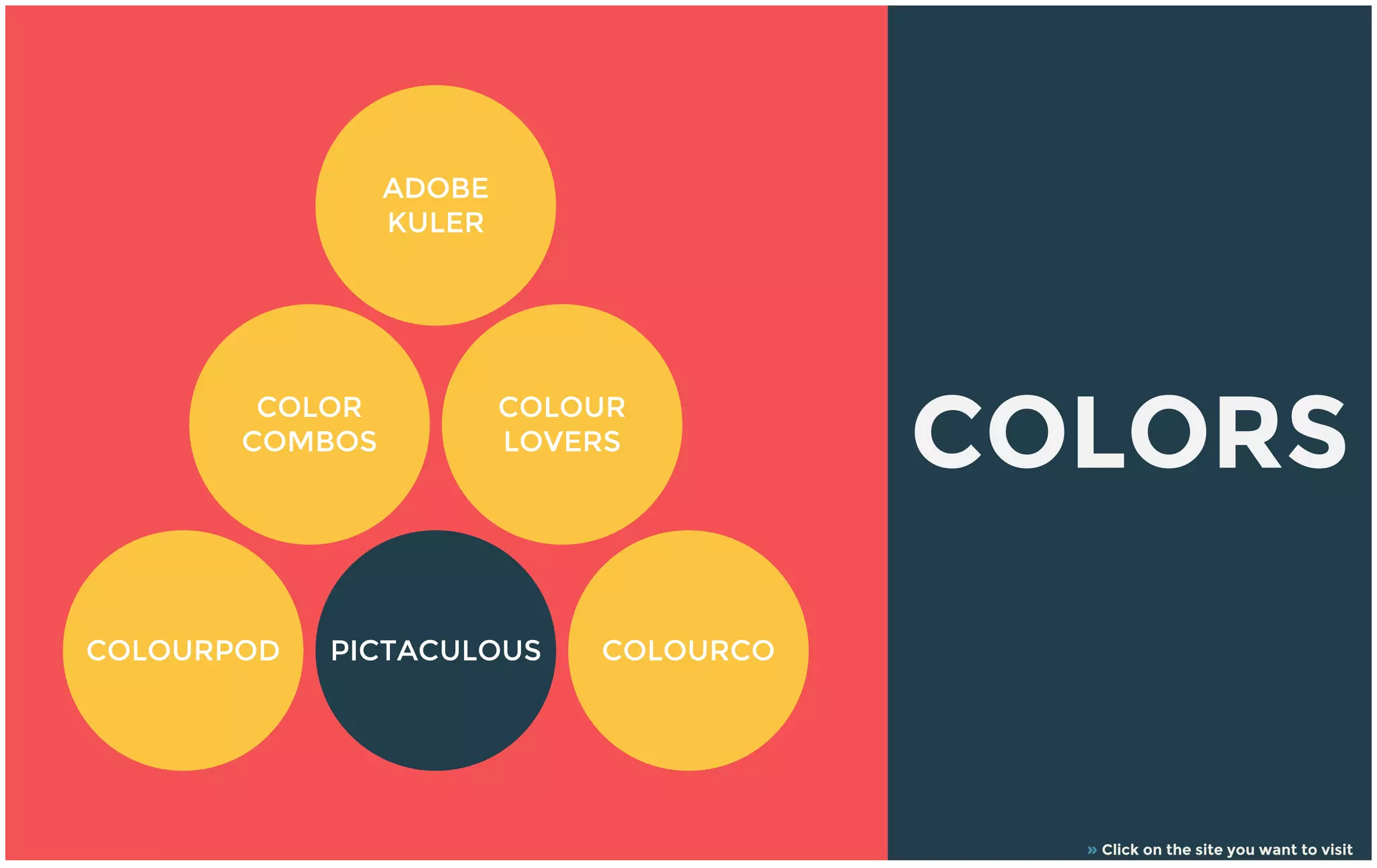 COLORSCOLOR
COMBOS
COLOUR
LOVERS
PICTACULOUSCOLOURPOD COLOURCO
ADOBE
KULER
» Click on the site you want to visit