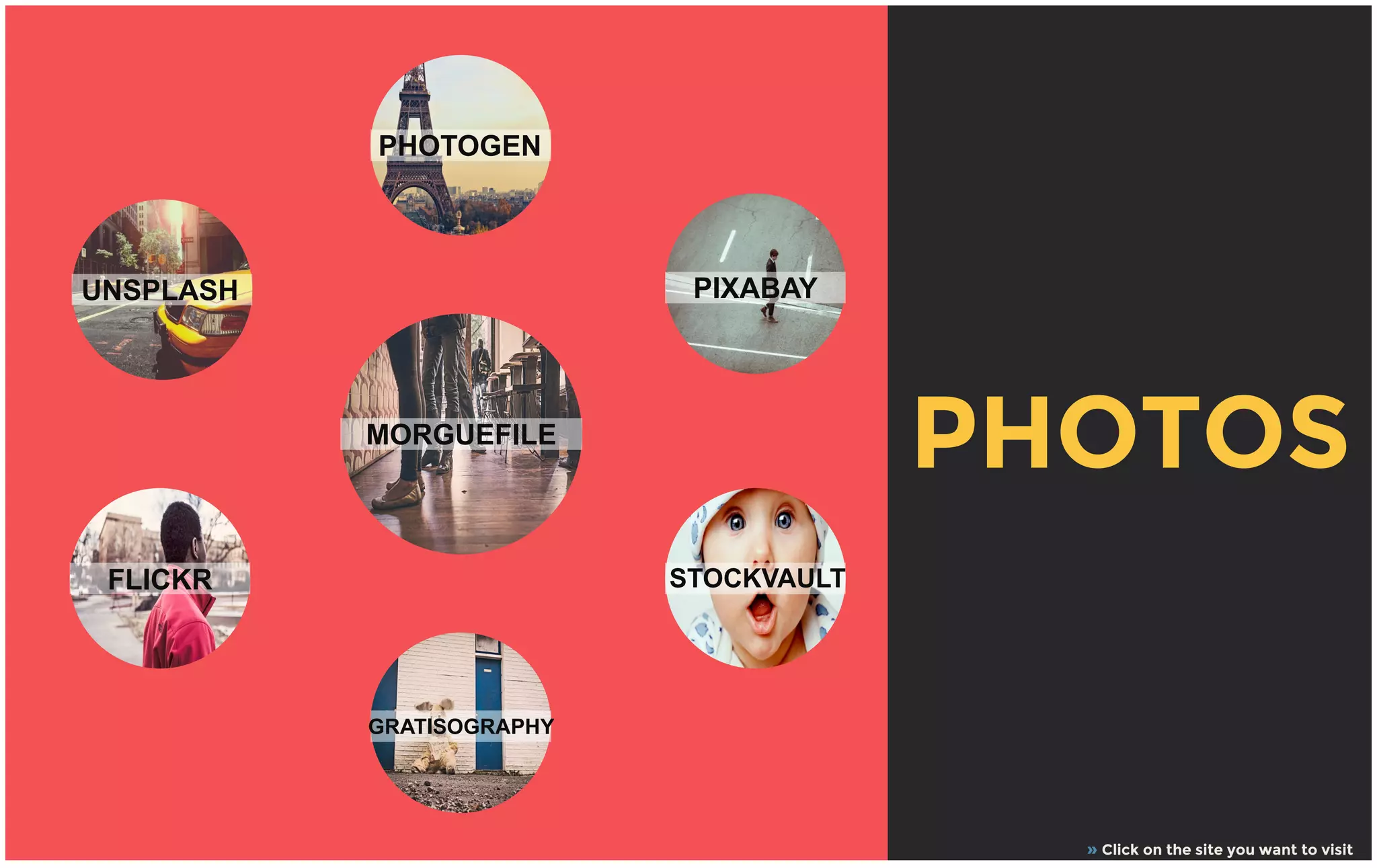 MORGUEFILE
PHOTOGEN
GRATISOGRAPHY
FLICKR STOCKVAULT
PIXABAYUNSPLASH
PHOTOS
» Click on the site you want to visit