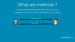 What are methods ?
A group of instructions that which you can name.
Calling the name runs all the instructions in that group.
Sure Boss.
Send that email
coursetro.com
 