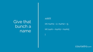 Give that
bunch a
name
add(){
int num1 = 2, num2 = 5;
int sum = num1 + num2;
}
coursetro.com
 