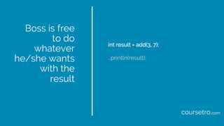 Boss is free
to do
whatever
he/she wants
with the
result
int result = add(3, 7);
…println(result);
coursetro.com
 