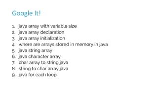 1. java array with variable size
2. java array declaration
3. java array initialization
4. where are arrays stored in memory in java
5. java string array
6. java character array
7. char array to string java
8. string to char array java
9. java for each loop
Google	It!
 
