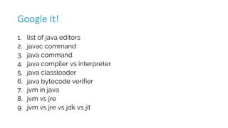 1. list of java editors
2. javac command
3. java command
4. java compiler vs interpreter
5. java classloader
6. java bytecode verifier
7. jvm in java
8. jvm vs jre
9. jvm vs jre vs jdk vs jit
Google	It!
 