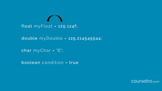 float myFloat = 125.124f;
double myDouble = 125.214545544;
char myChar = ‘C’;
boolean condition = true
coursetro.com
 