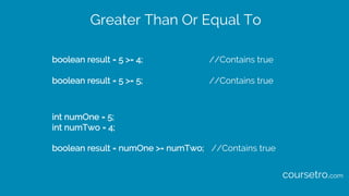 Greater Than Or Equal To
boolean result = 5 >= 4; //Contains true
boolean result = 5 >= 5; //Contains true
int numOne = 5;
int numTwo = 4;
boolean result = numOne >= numTwo; //Contains true
coursetro.com
 