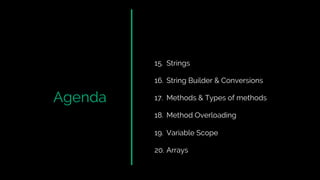 Agenda
15. Strings
16. String Builder & Conversions
17. Methods & Types of methods
18. Method Overloading
19. Variable Scope
20. Arrays
 