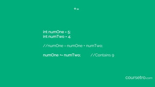 +=
int numOne = 5;
int numTwo = 4;
//numOne = numOne + numTwo;
numOne += numTwo; //Contains 9
coursetro.com
 