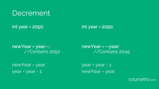 Decrement
int year = 2050;
newYear = year--;
//Contains 2050
newYear = year;
year = year - 1;
int year = 2050;
newYear = --year;
//Contains 2049
year = year - 1;
newYear = year;
coursetro.com
 