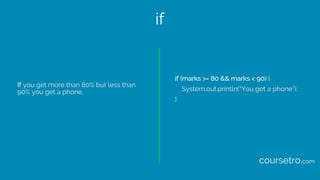 if
If you get more than 80% but less than
90% you get a phone.
if (marks >= 80 && marks < 90) {
System.out.println(“You get a phone”);
}
coursetro.com
 