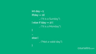 int day = 1;
if(day == 1){
… (“It is a Sunday”);
} else if (day == 2) {
… (“It is a Monday”);
}
…
else {
… (“Not a valid day”);
}
coursetro.com
 